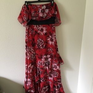 BCBG Red/Black Floral Off the Shoulder Ruffle Gown